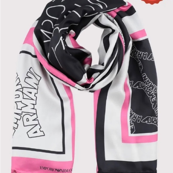 RRP €300 EMPORIO ARMANI Silk Satin Scarf Logo Print Double Layered Made in Italy - Picture 2 of 5